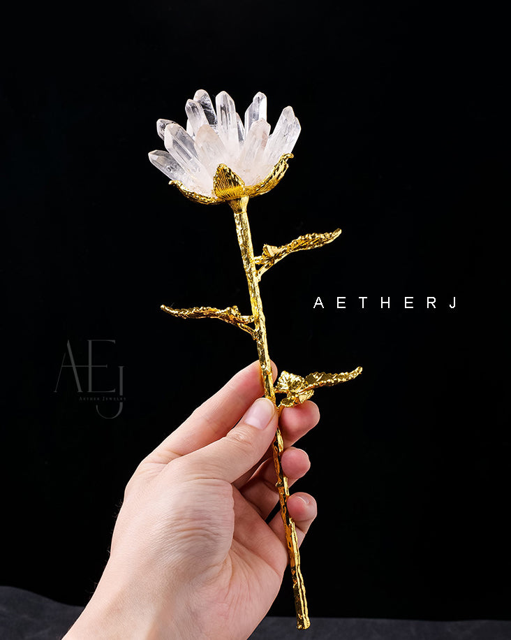Natural Crystal Rose Flower Arrangement – Clear Quartz, Amethyst or Rose Quartz