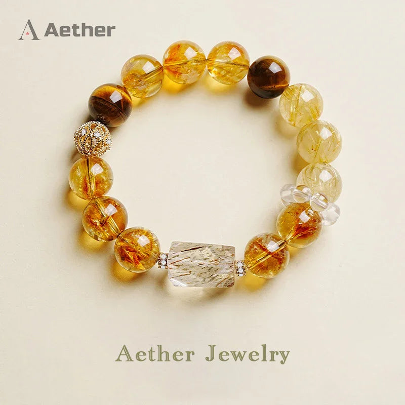 Luxury Unisex Bracelet: Natural Raw Citrine & Rutilated Crystal with Titanium Inclusions