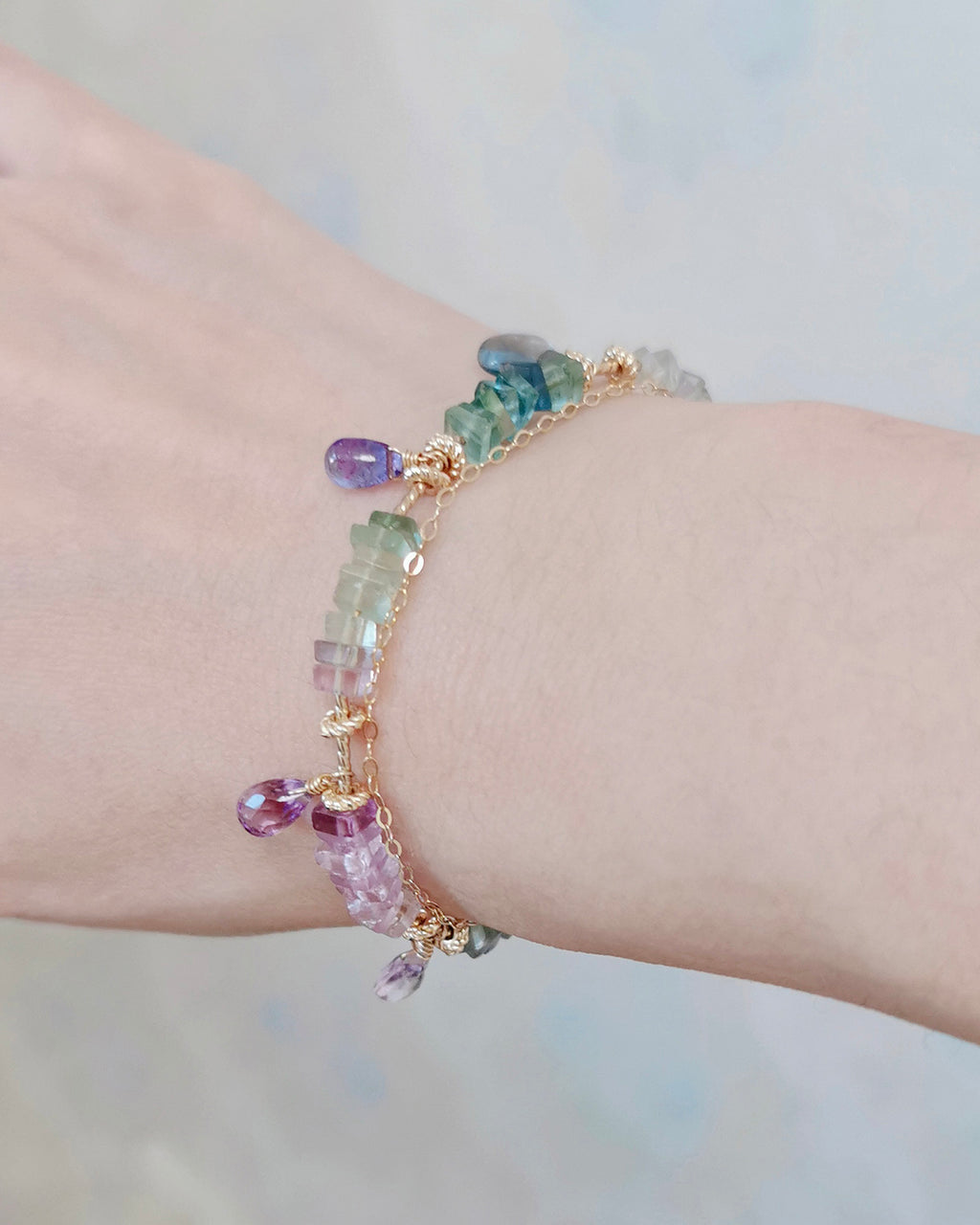 Rainbow Gradient Fluorite, Amethyst &amp; Citrine Double-Layer Bracelet