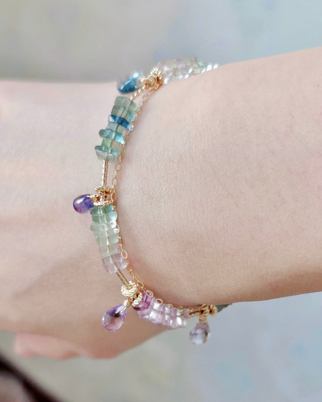 Rainbow Gradient Fluorite, Amethyst &amp; Citrine Double-Layer Bracelet