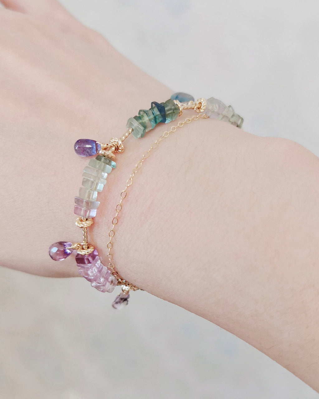 Rainbow Gradient Fluorite, Amethyst &amp; Citrine Double-Layer Bracelet
