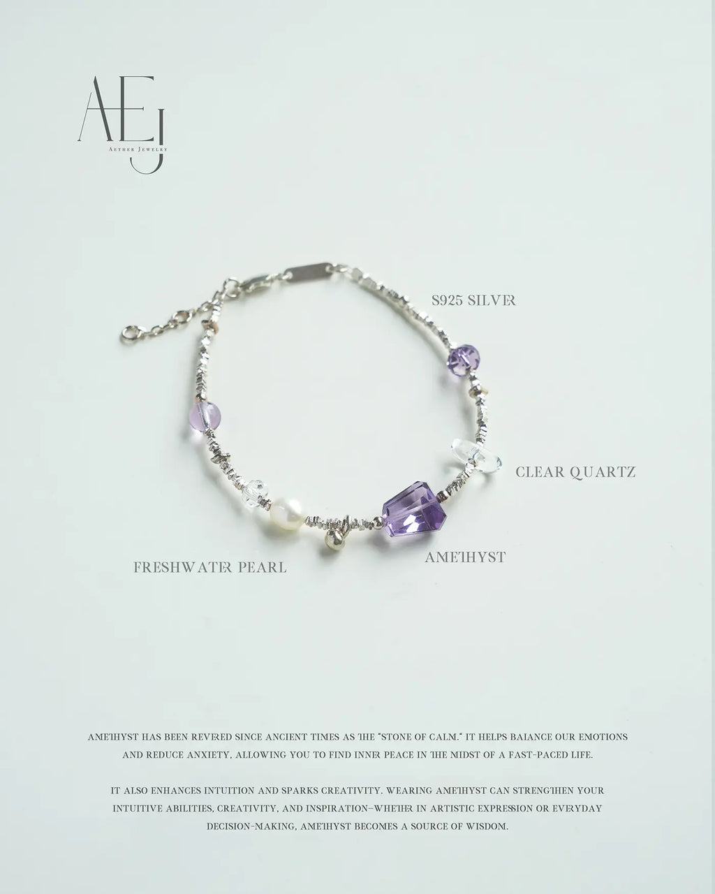 Natural Amethyst & Crystal Bracelet for Calm, Intuition & Good Luck