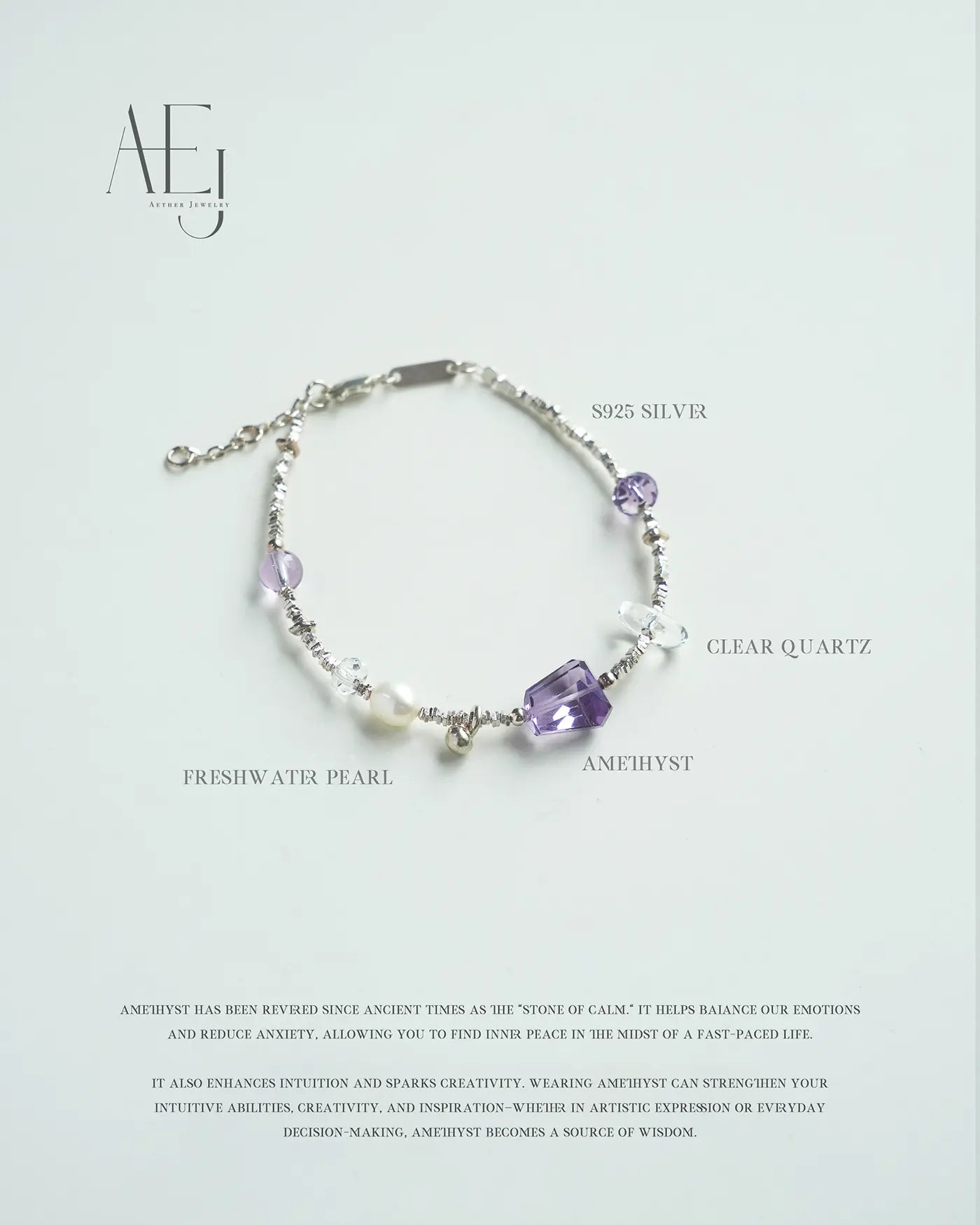Natural Amethyst & Crystal Bracelet for Calm, Intuition & Good Luck