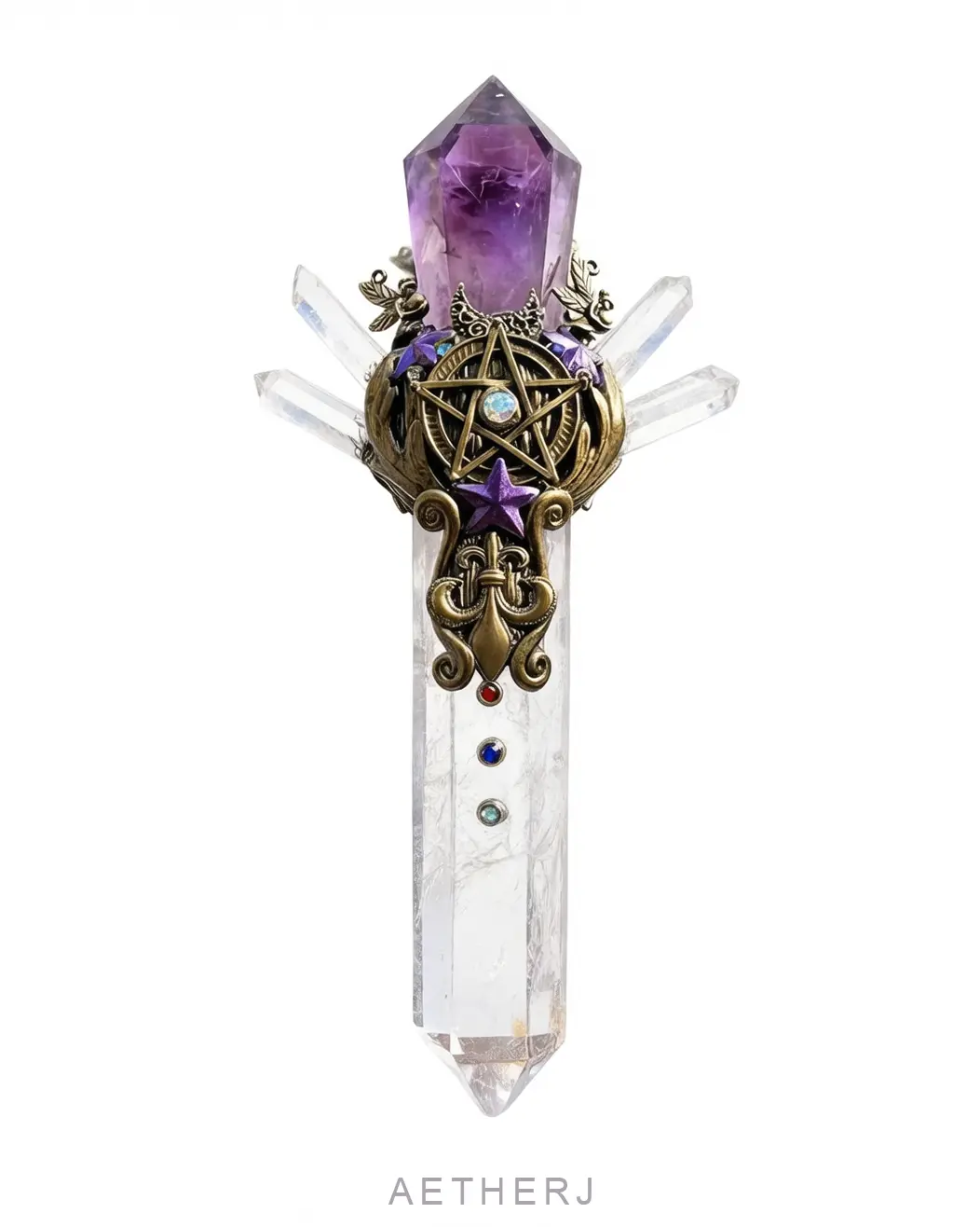 Natural Amethyst & Clear Quartz Crystal Wand for Meditation & Spiritual Decor