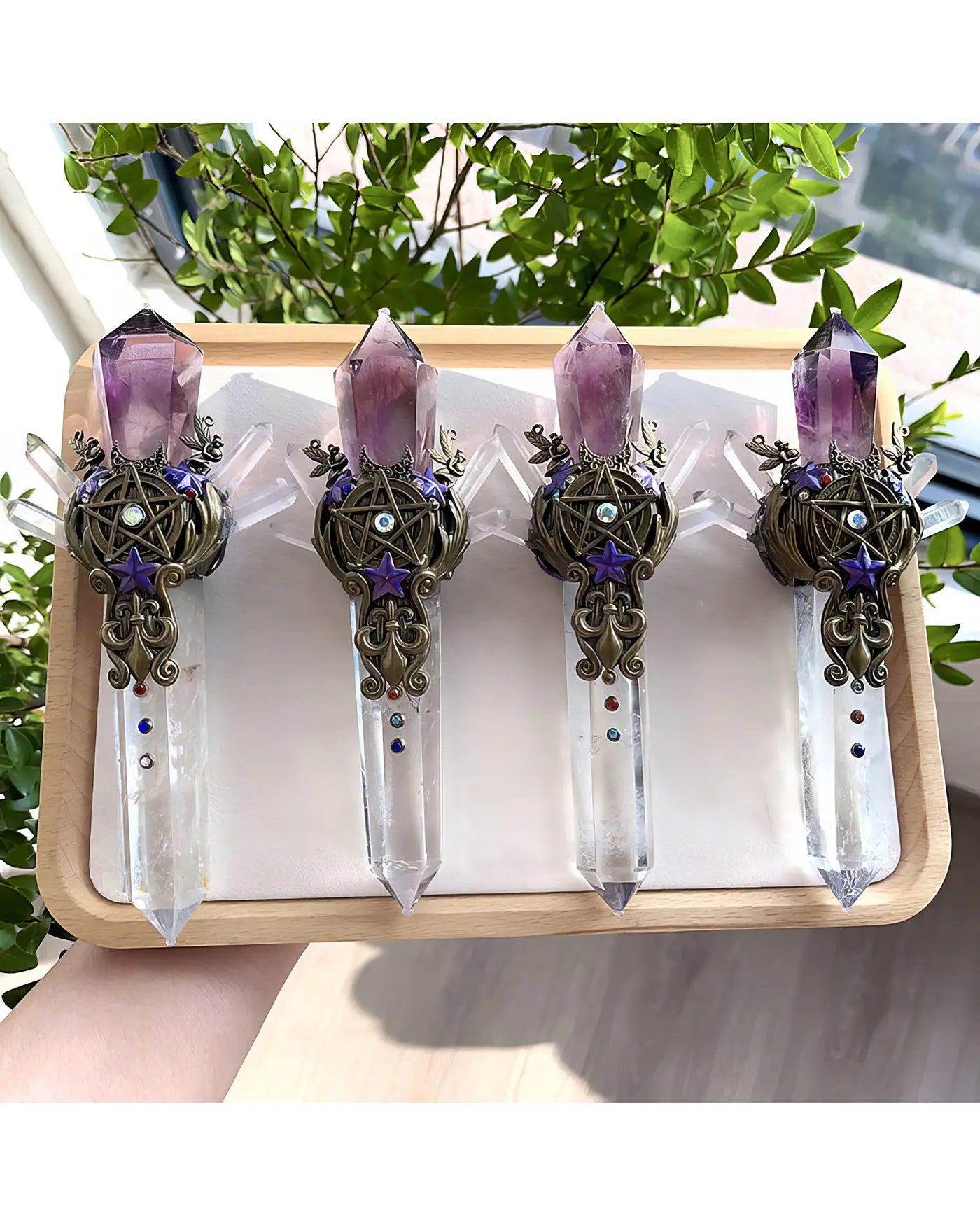 Natural Amethyst & Clear Quartz Crystal Wand for Meditation & Spiritual Decor