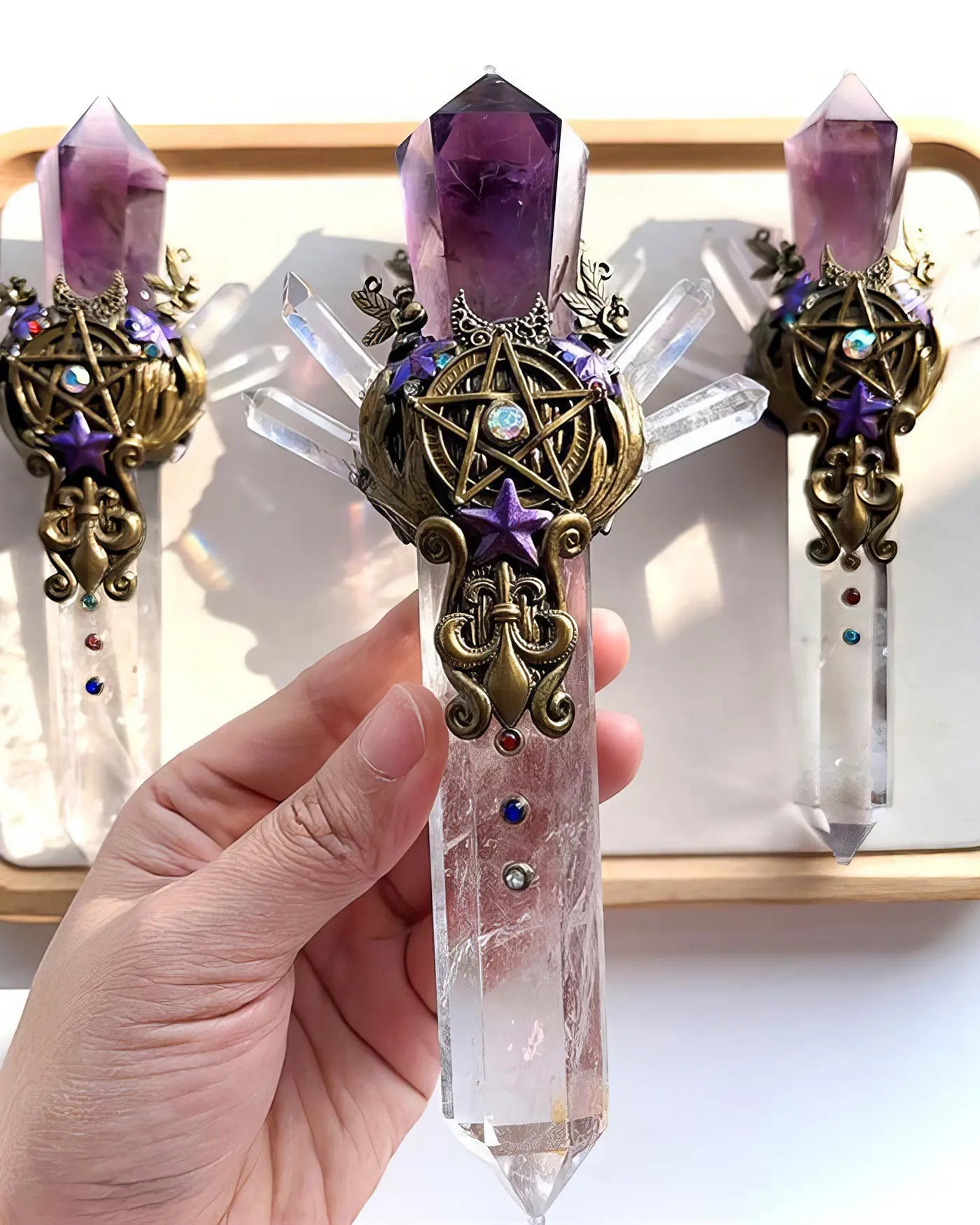 Natural Amethyst & Clear Quartz Crystal Wand for Meditation & Spiritual Decor