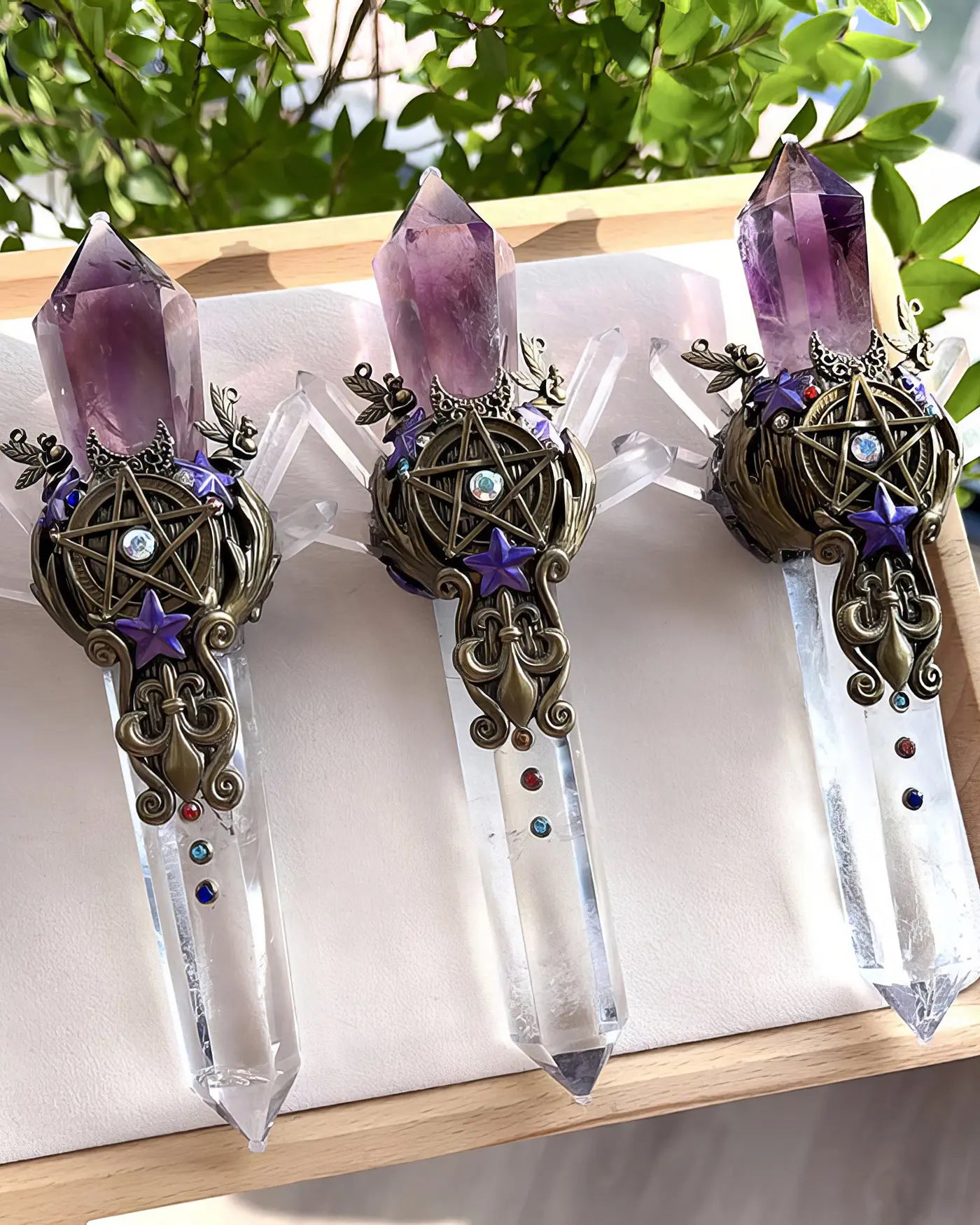 Natural Amethyst & Clear Quartz Crystal Wand for Meditation & Spiritual Decor
