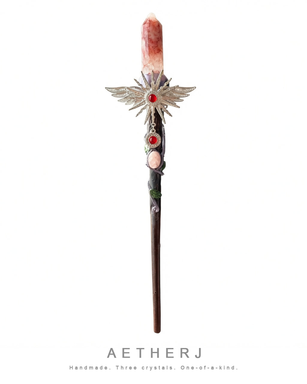 Natural Crystal Ball & Column Wand with Enamel Angel Wings for Energy & Spiritual Decor