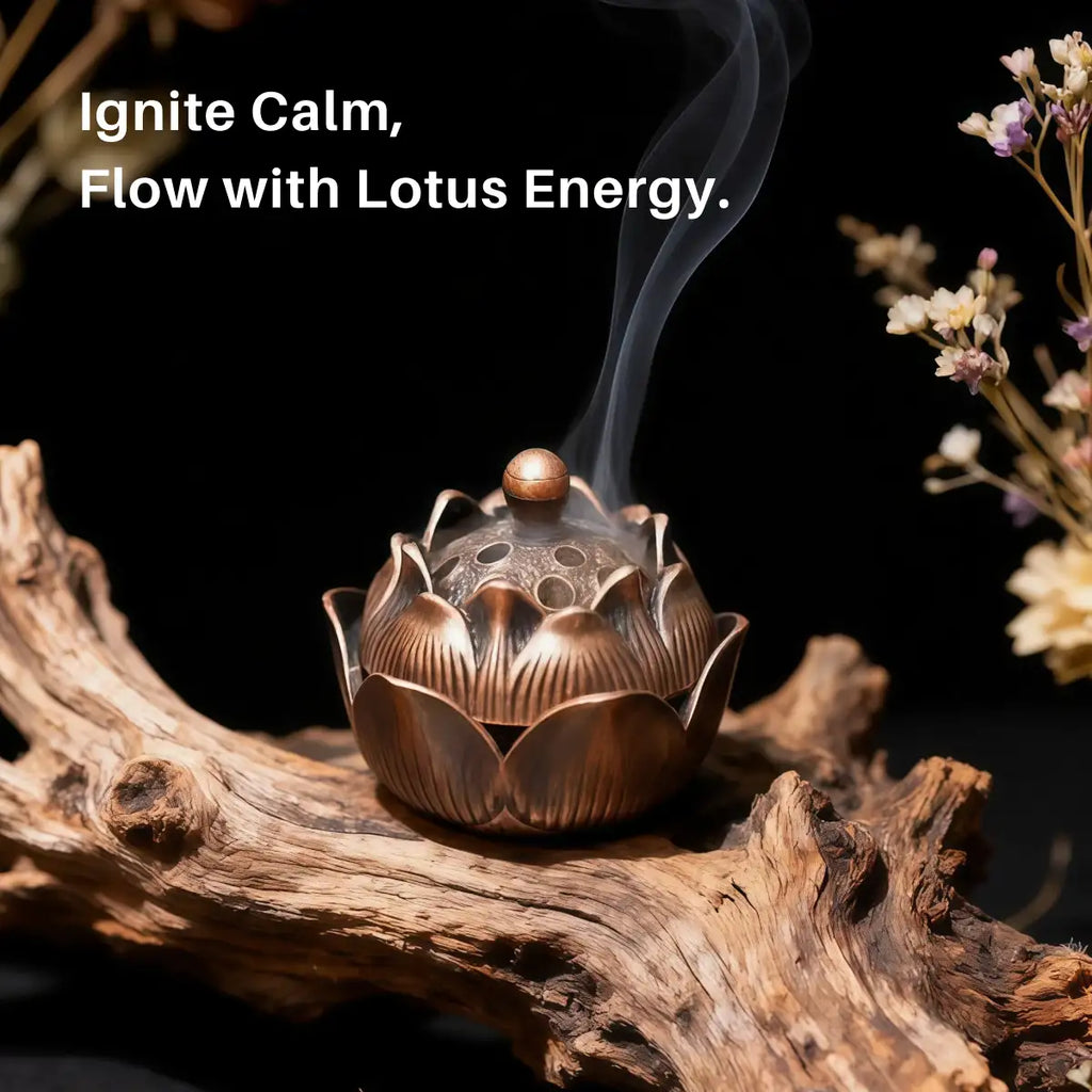 Lotus-shaped incense burner with smoke on a dark background, featuring text 'Ignite Calm, Flow with Lotus Energy'.