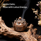 Lotus-shaped incense burner with smoke on a dark background, featuring text 'Ignite Calm, Flow with Lotus Energy'.