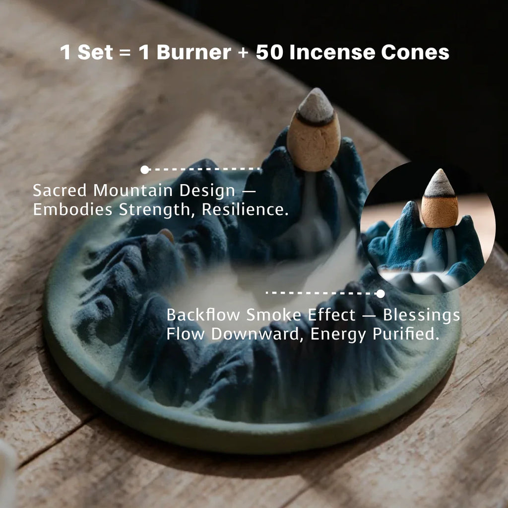 introduction of Balance_Serenity_Tibetan_Landscape_Backflow_Incense_Burner_Incense_Cones_Set