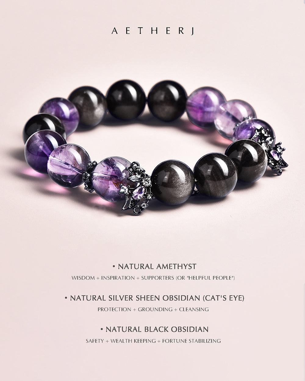 Black obsidian and amethyst bracelet for wealth, protection, grounding, and Aetherj