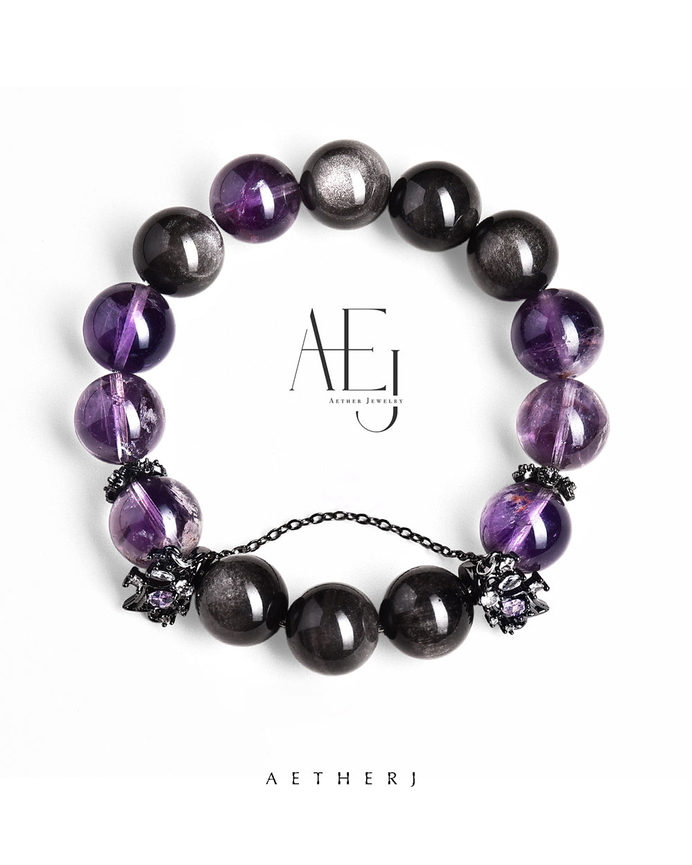 Black obsidian and amethyst bracelet for wealth, protection, grounding, and Aetherj