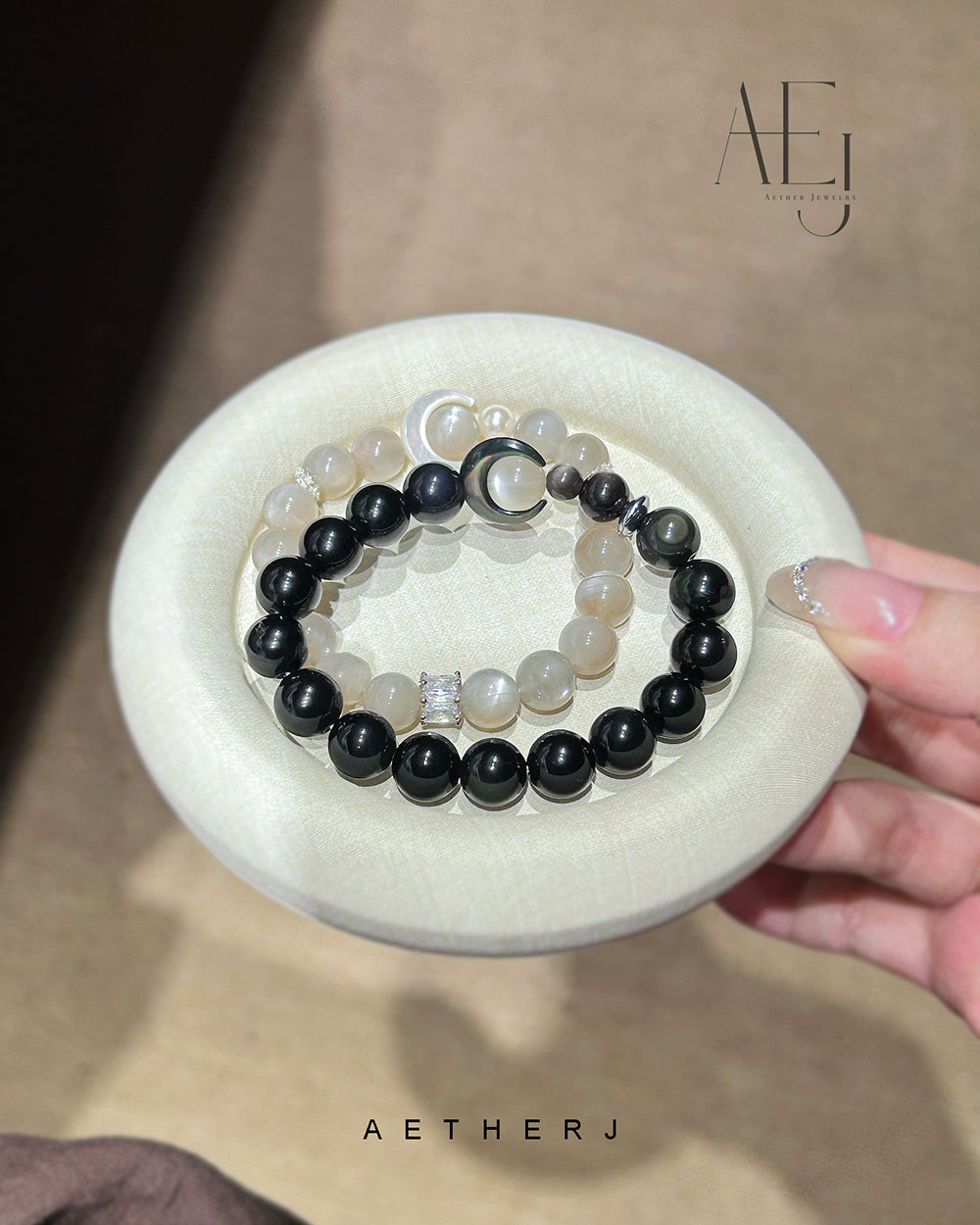 Black obsidian and moonstone bracelet set for protection, calm, meaningful connection, and Aetherj