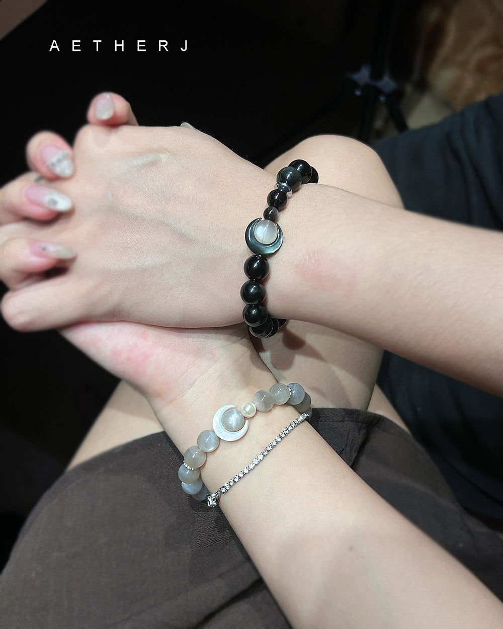 Black obsidian and moonstone bracelet set for protection, calm, meaningful connection, and Aetherj