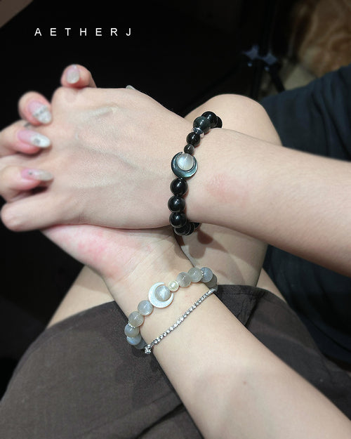 Black obsidian and moonstone bracelet set for protection, calm, meaningful connection, and Aetherj