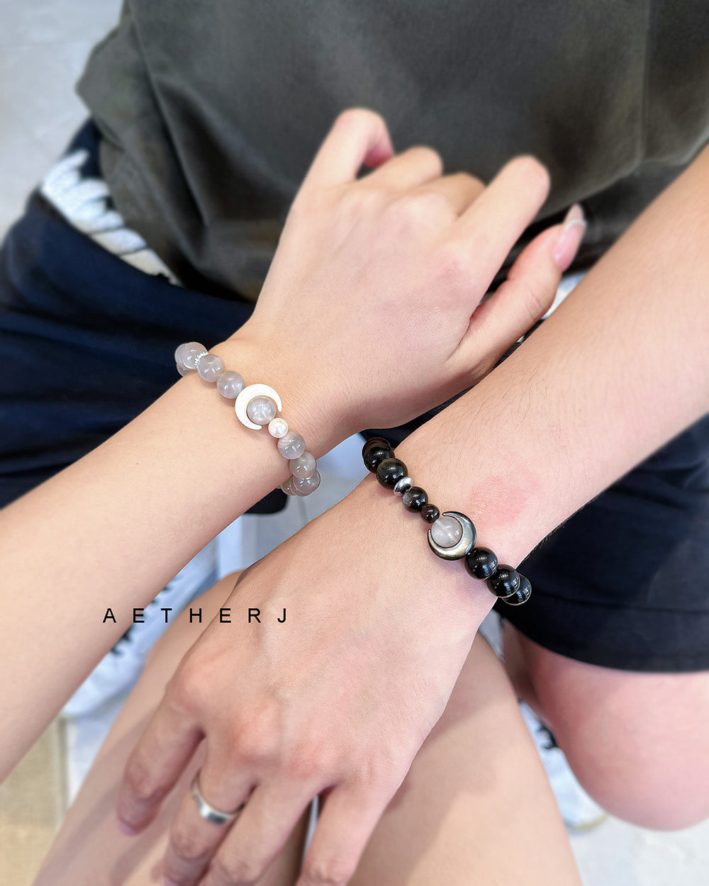 Black obsidian and moonstone bracelet set for protection, calm, meaningful connection, and Aetherj