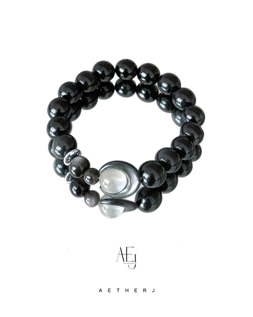 Black obsidian and moonstone bracelet set for protection, calm, meaningful connection, and Aetherj