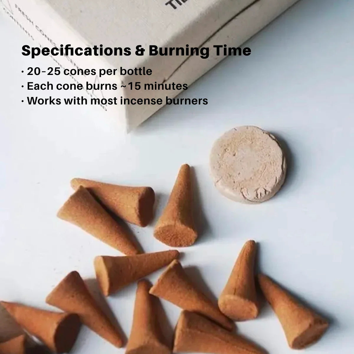Incense cones and a container on a white surface with text about specifications and burning time.