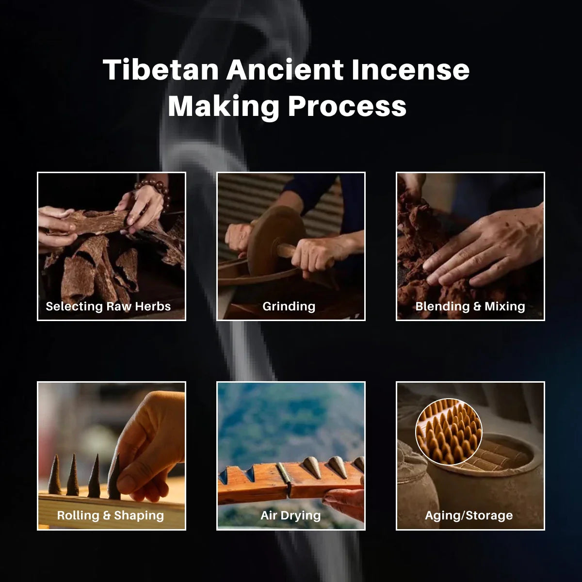 Tibetan ancient incense making process_selection raw herbs_grinding_blending and mixing_rolling and shaping_air drying_aging and storage