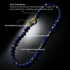 Blue Chalcedony necklace with gold-plated components on a black background