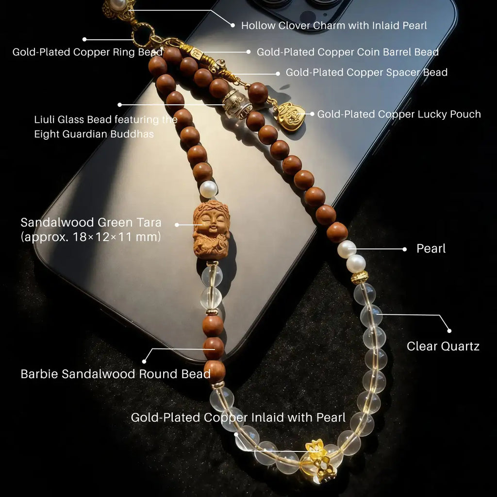 Sandalwood Buddha Charm Phone Strap with labeled components on a reflective surface