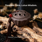 Ceramic Lotus Pod Mini Incense Burner with smoke on a wooden surface, featuring text 'Timeless Calm, Lotus Wisdom'.