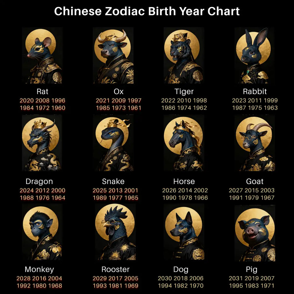 Chinese Zodiac Birth Year Chart with animal illustrations and corresponding years.