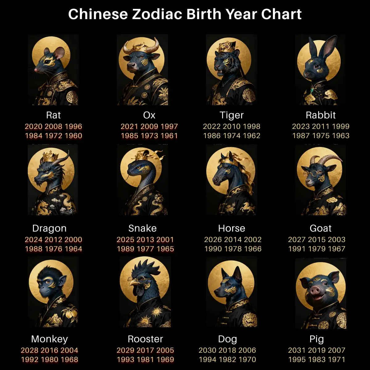Chinese Zodiac Birth Year Chart with animal illustrations and corresponding years.