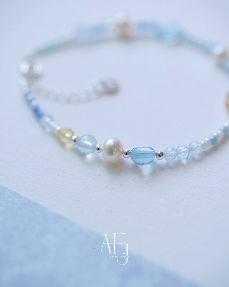 Citrine, Aquamarine & Pearl Multi-Stone Bracelet for Joy, Calm & Elegance