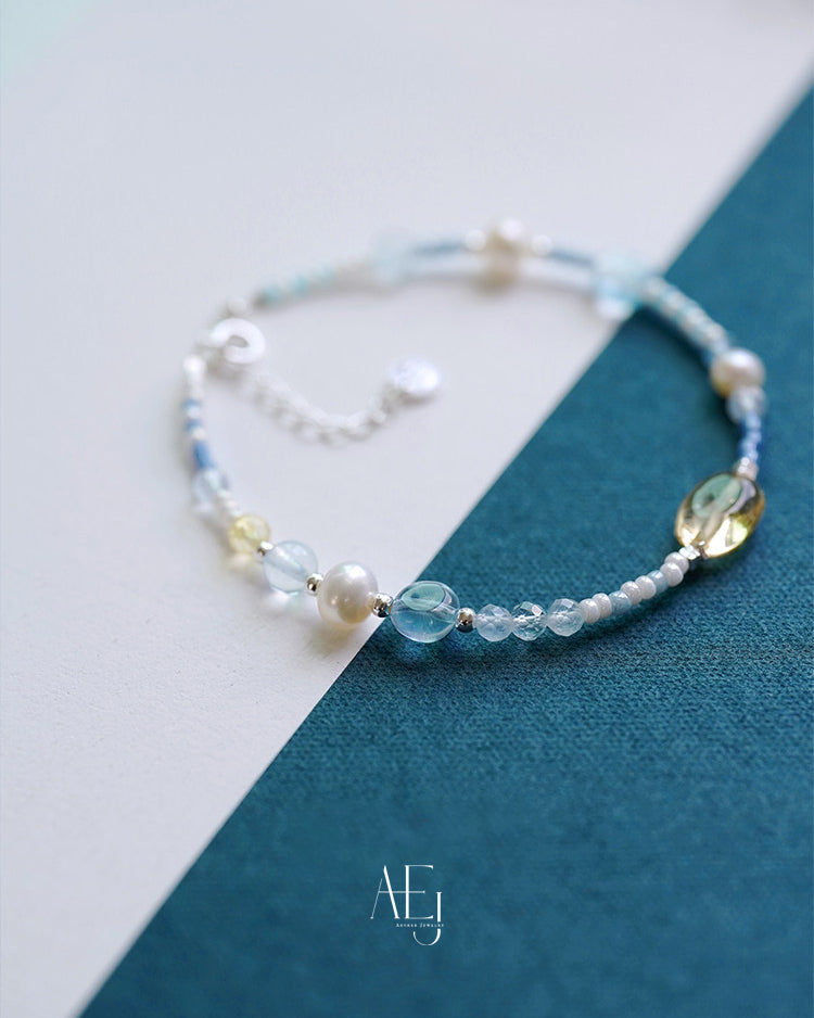 Citrine, Aquamarine & Pearl Multi-Stone Bracelet for Joy, Calm & Elegance