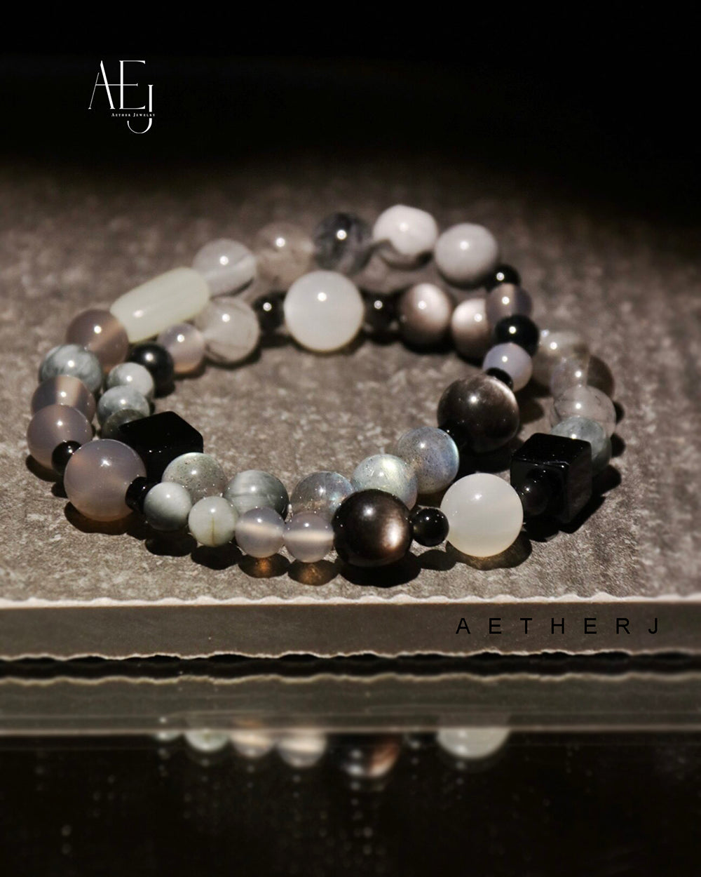 Double-row moonstone and obsidian bracelet for protection, calm, energy balance, and Aetherj