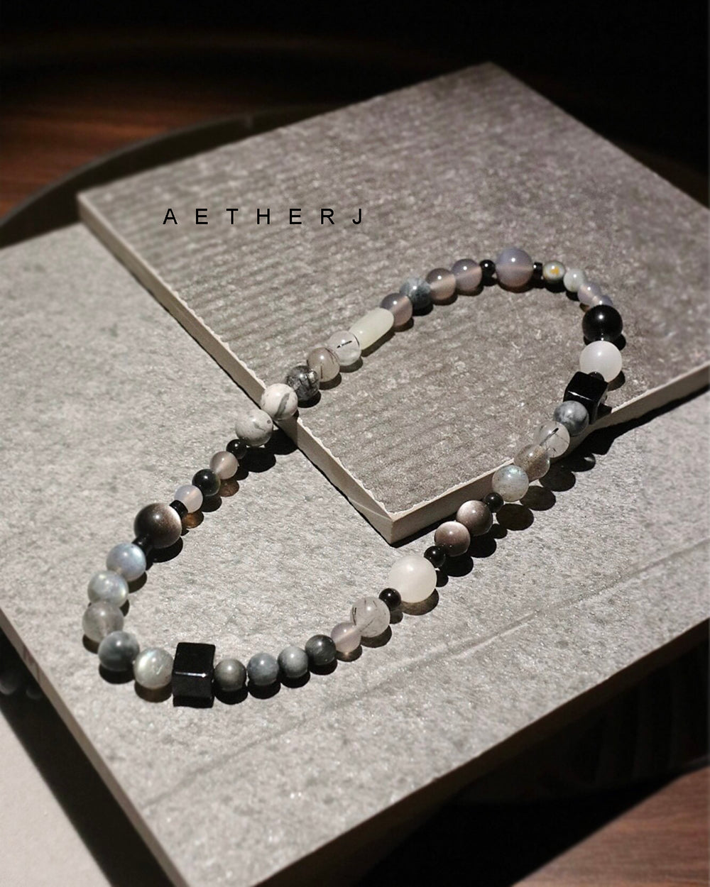 Double-row moonstone and obsidian bracelet for protection, calm, energy balance, and Aetherj