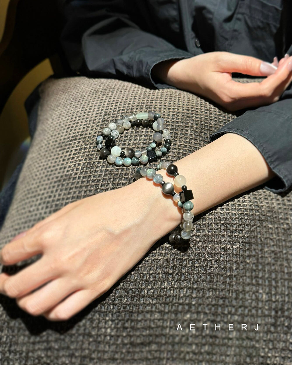 Double-row moonstone and obsidian bracelet for protection, calm, energy balance, and Aetherj