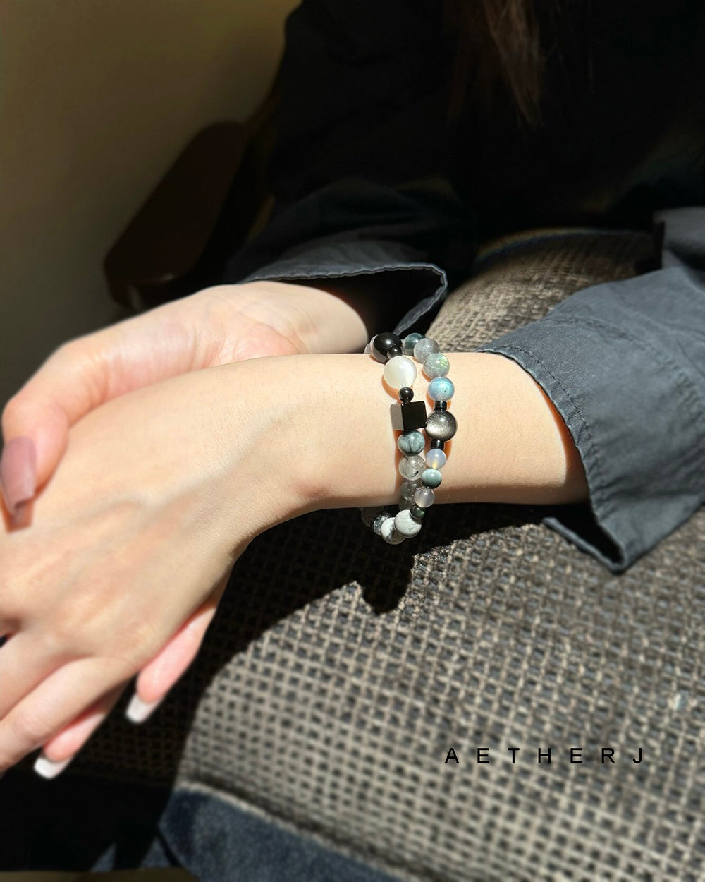 Double-row moonstone and obsidian bracelet for protection, calm, energy balance, and Aetherj