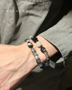 Double-row moonstone and obsidian bracelet for protection, calm, energy balance, and Aetherj