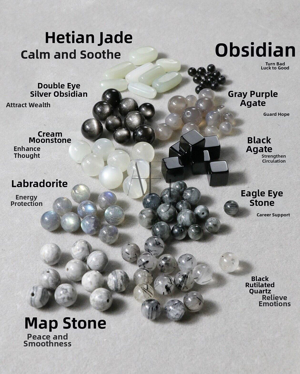 Double-row moonstone and obsidian bracelet for protection, calm, energy balance, and Aetherj