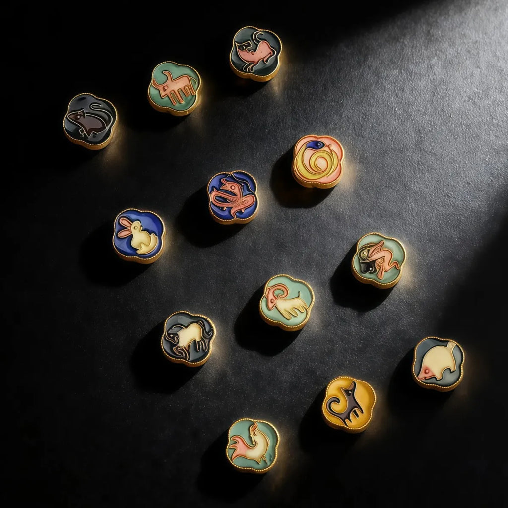 Set of colorful zodiac stone stamps on a dark surface