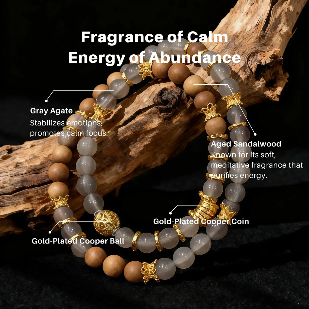 Bracelet with GrayAgate and gold accents on a dark background, labeled with stones' names and benefits.