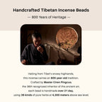 Handcrafted Tibetan incense beads with a person holding a large round object, likely an incense burner.