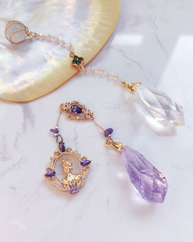 Natural Amethyst & Clear Quartz Pendulum Necklace for Intuition & Wisdom | Aetherj