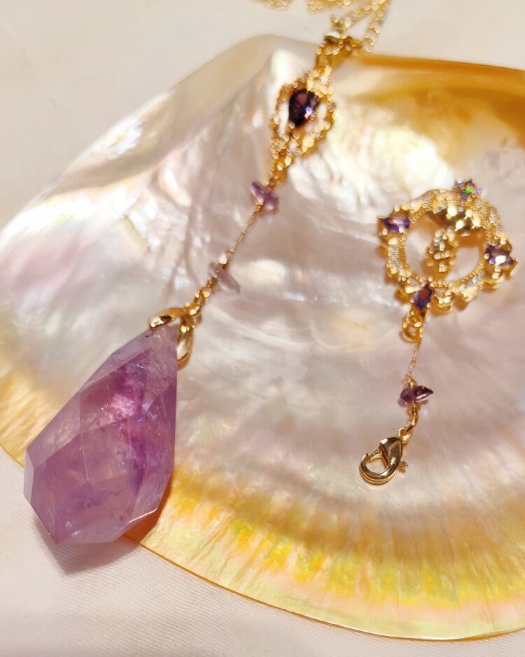 Natural Amethyst & Clear Quartz Pendulum Necklace for Intuition & Wisdom | Aetherj