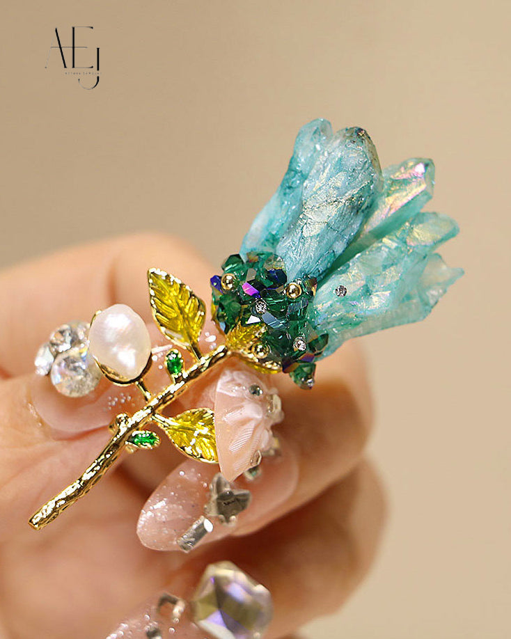 Natural Blue Crystal Flower Brooch with Baroque Pearl for Elegance & Unique Style