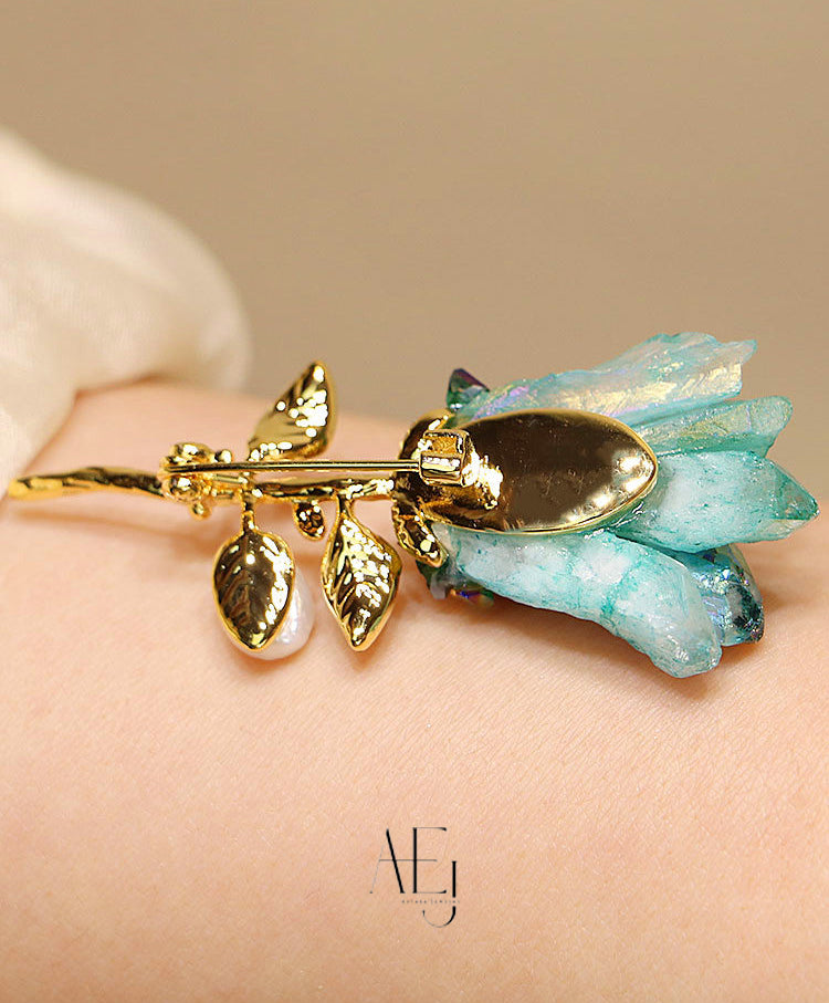 Natural Blue Crystal Flower Brooch with Baroque Pearl for Elegance & Unique Style