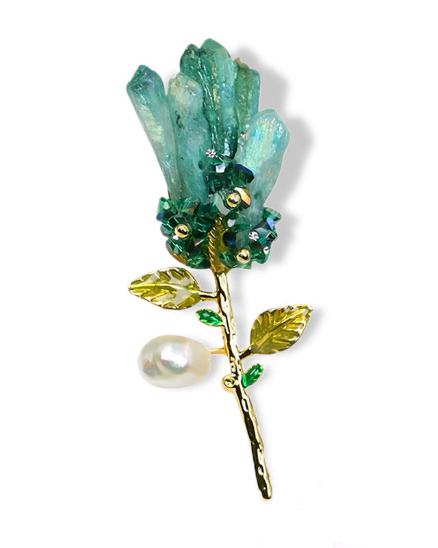 Natural Blue Crystal Flower Brooch with Baroque Pearl for Elegance & Unique Style