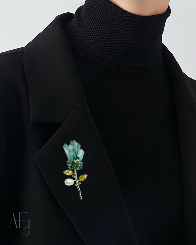Natural Blue Crystal Flower Brooch with Baroque Pearl for Elegance & Unique Style