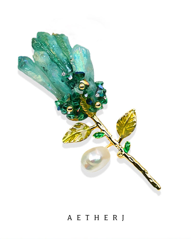 Natural Blue Crystal Flower Brooch with Baroque Pearl for Elegance & Unique Style
