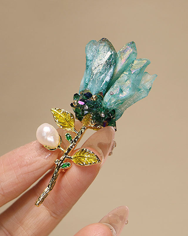 Natural Blue Crystal Flower Brooch with Baroque Pearl for Elegance & Unique Style