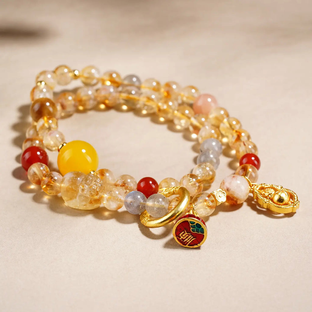 Natural Citrine Pyramid Pi Xiu Double Strand Bracelet | Wealth Luck Multi-Gemstone Energy Bracelet for Women