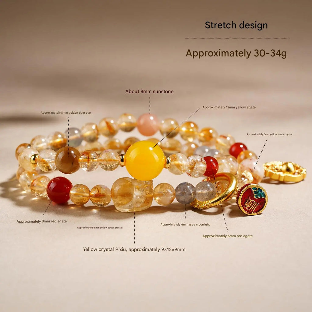 Natural Citrine Pyramid Pi Xiu Double Strand Bracelet | Wealth Luck Multi-Gemstone Energy Bracelet for Women